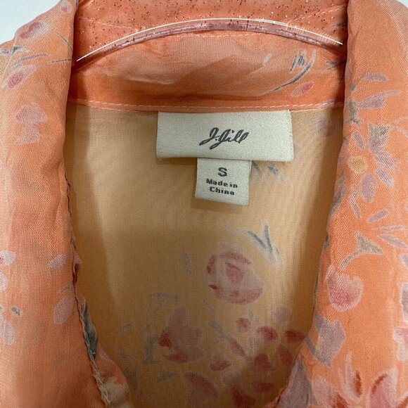 J Jill Ruffle Sheer Blouse Button Front Size S Floral Yellow Orange Cottagecore - Picture 11 of 14